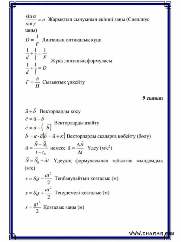 9 сыныпқа арналған физика пәніне формулалар жинағы
