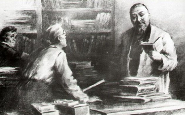 Л.П. Леонтьев. Абай Семей қаласының кітапханасында, 1954.