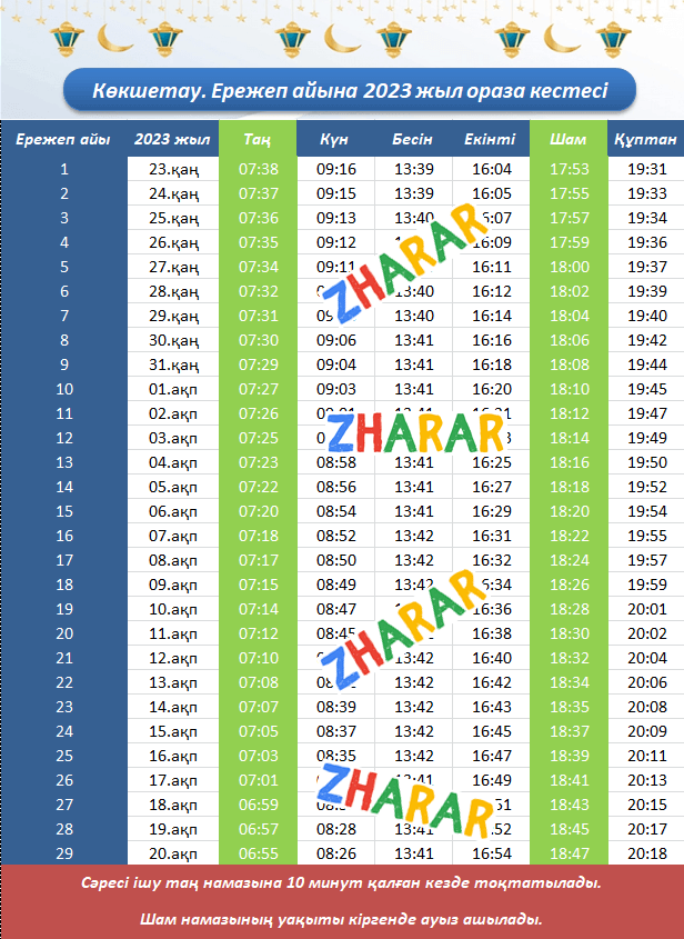 ораза кестесі ережеп айы 2023